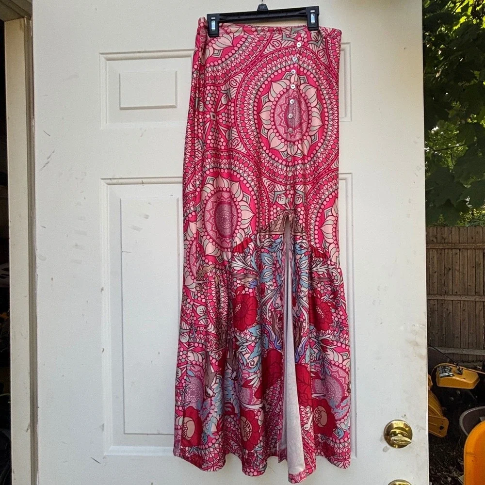 Vintage Y2K Boho Maxi Skirt Floral Print Button‎ Front Slit Elastic Waist slit - Picture 2 of 9